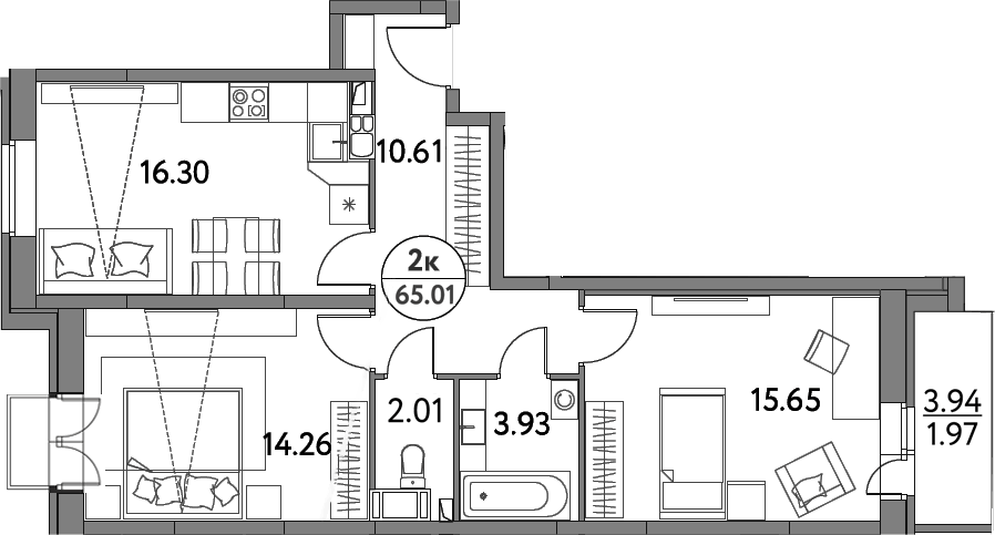 Планировка евротрёшка (3Е) 65.01 м² в ЖК «Дом на Сиреневой», корпус 62А