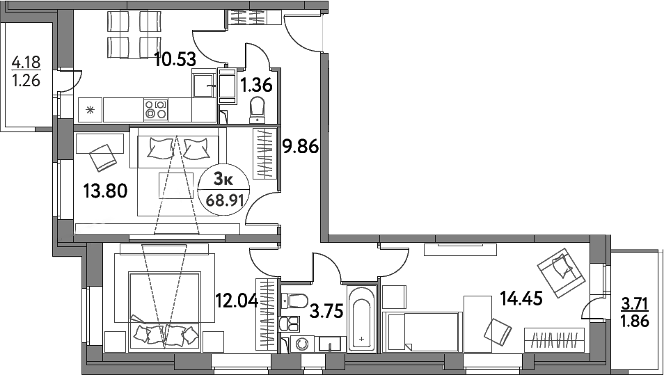 Планировка трёхкомнатная 68.91 м² в ЖК «Дом на Сиреневой», корпус 62А
