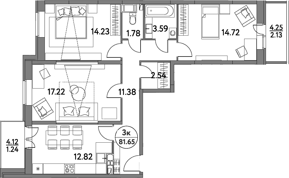 Планировка трёхкомнатная 81.65 м² в ЖК «Дом на Сиреневой», корпус 62А