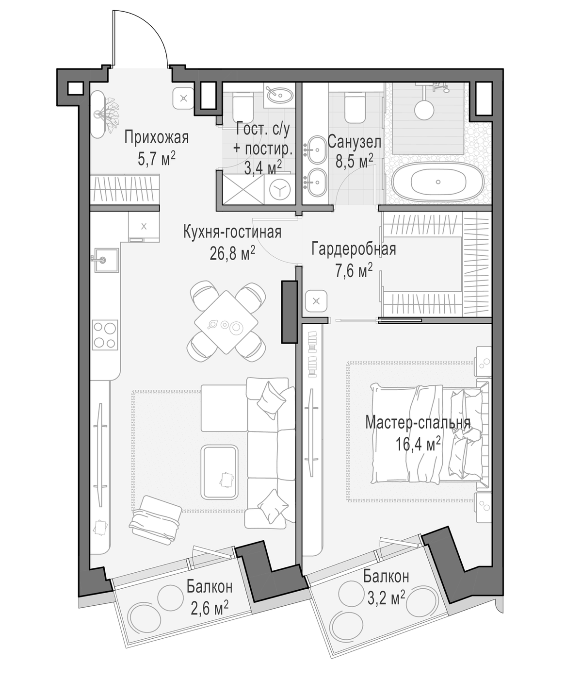 Планировка евродвушка (2Е) 71.1 м² в ЖК «Дом Палашевский 11», корпус 1