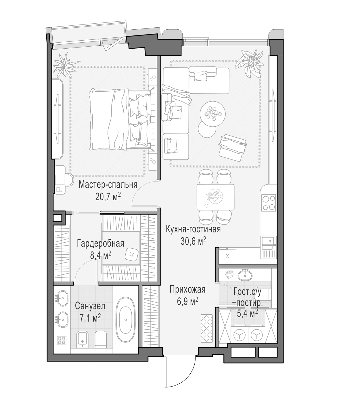 Планировка евродвушка (2Е) 79.6 м² в ЖК «Дом Палашевский 11», корпус 1