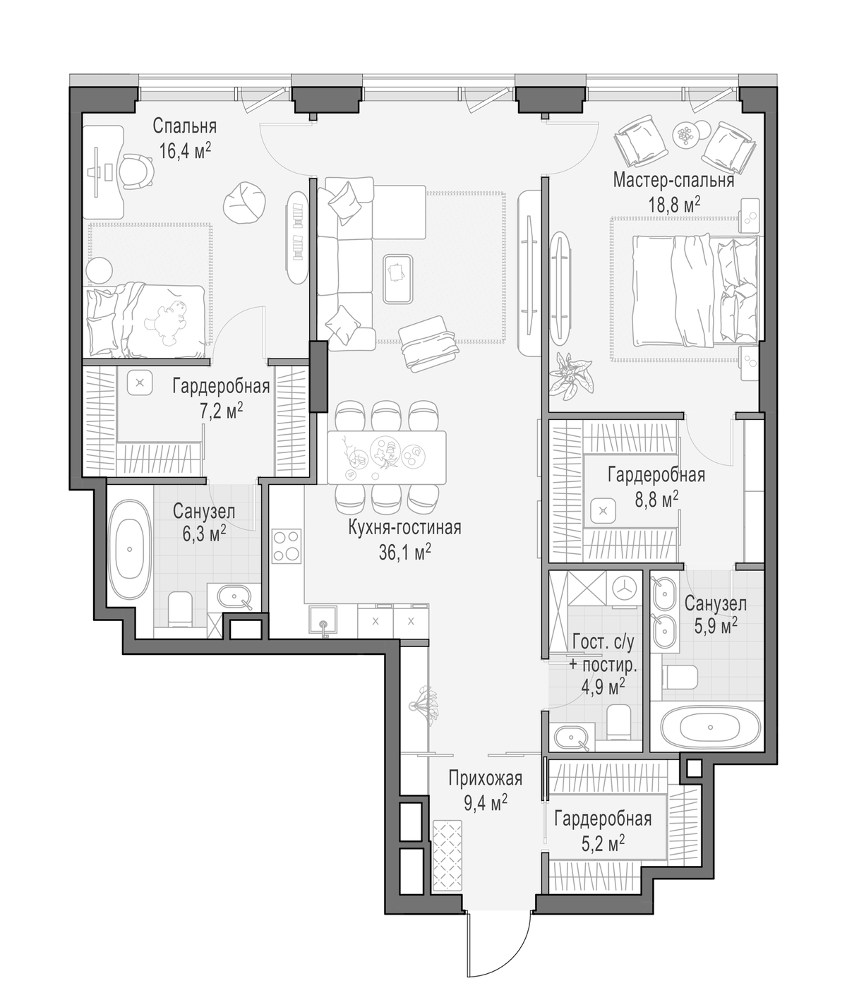 Планировка евротрёшка (3Е) 120 м² в ЖК «Дом Палашевский 11», корпус 1