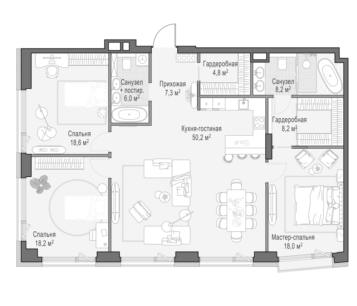 Планировка евро-4 (4Е) 140.7 м² в ЖК «Дом Палашевский 11», корпус 1