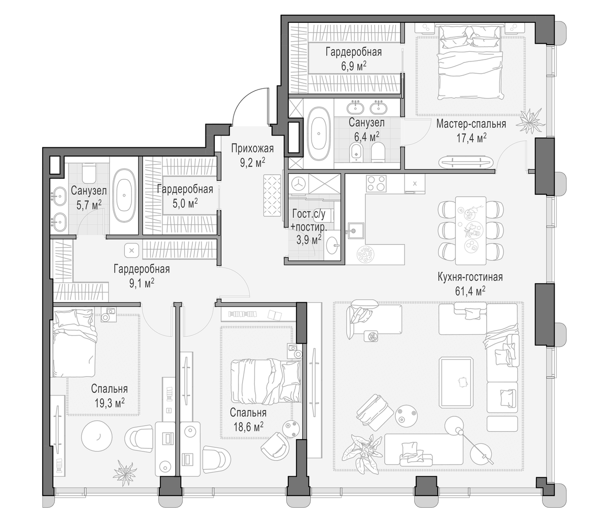 Планировка евро-4 (4Е) 166.2 м² в ЖК «Дом Палашевский 11», корпус 1