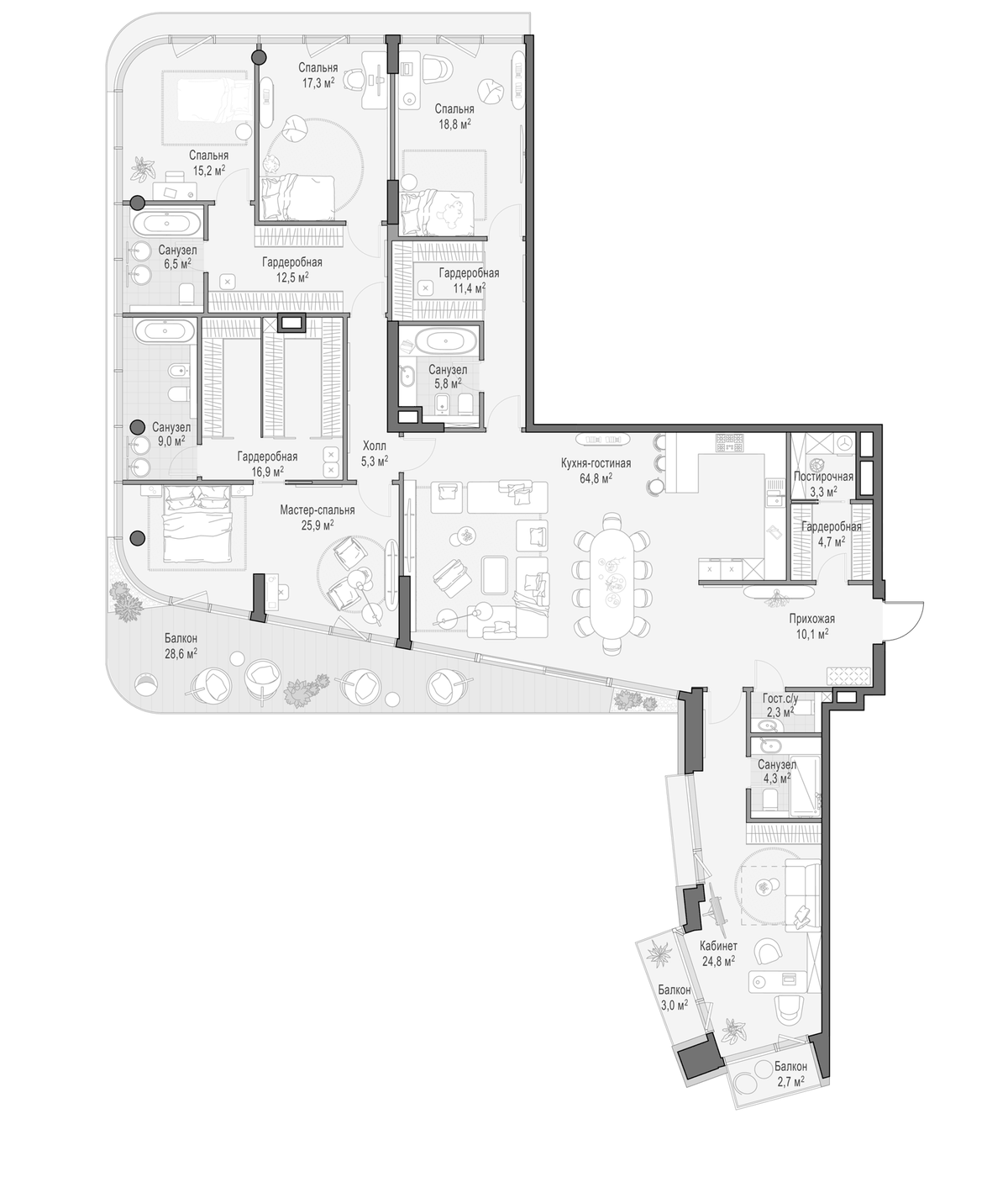 Планировка пятикомнатная 276.4 м² в ЖК «Дом Палашевский 11», корпус 1