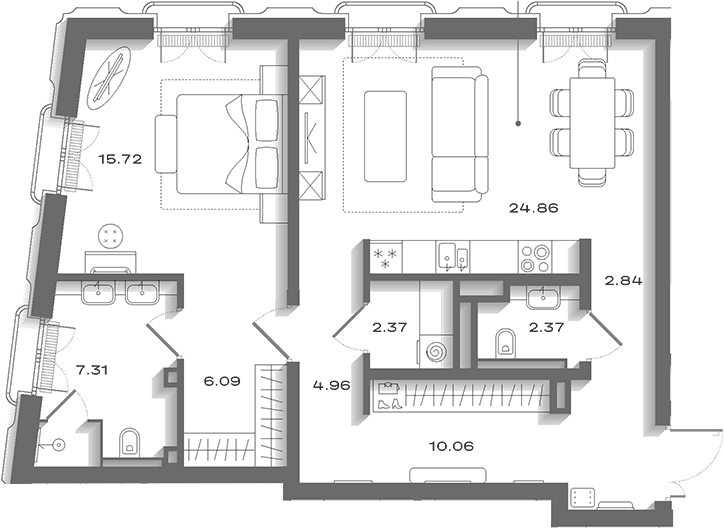 Планировка евродвушка (2Е) 81.26 м² в ЖК «Дом Соболева», корпус 1