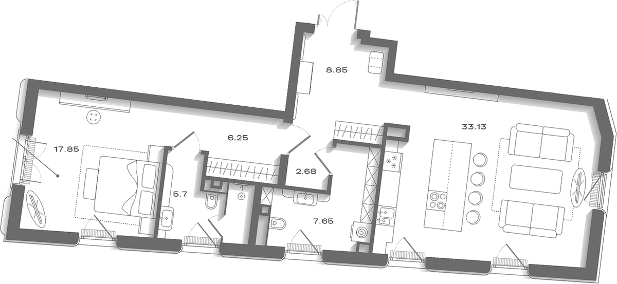 Планировка евродвушка (2Е) 87.65 м² в ЖК «Дом Соболева», корпус 2