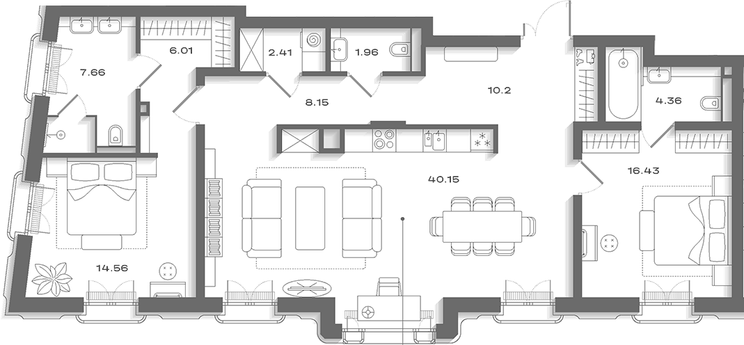 Планировка евротрёшка (3Е) 117.22 м² в ЖК «Дом Соболева», корпус 1