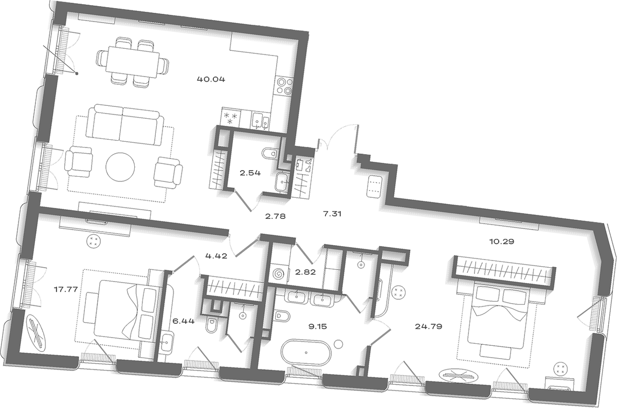 Планировка евротрёшка (3Е) 135.91 м² в ЖК «Дом Соболева», корпус 2