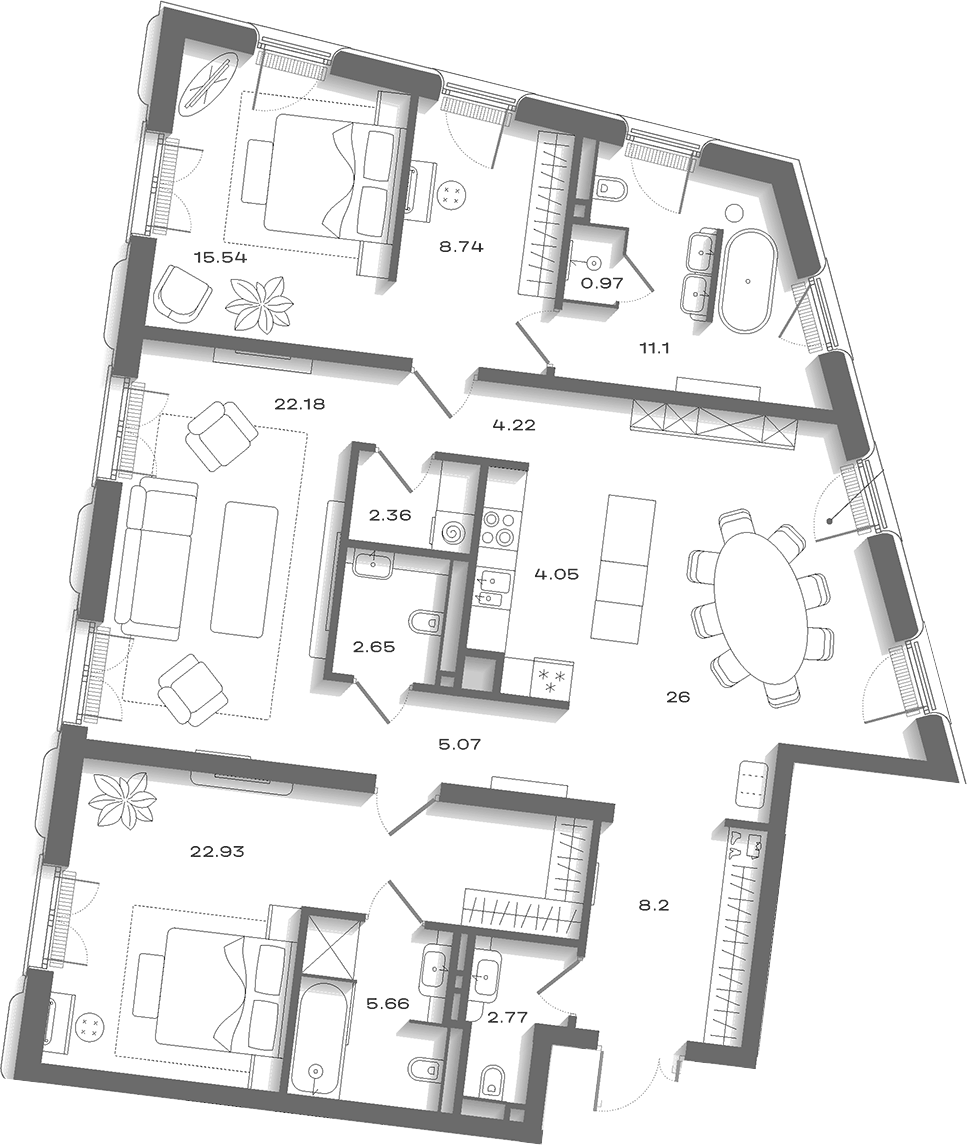Планировка евро-4 (4Е) 152.89 м² в ЖК «Дом Соболева», корпус 2