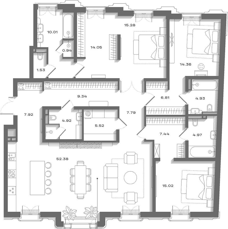 Планировка евро-4 (4Е) 194.32 м² в ЖК «Дом Соболева», корпус 1
