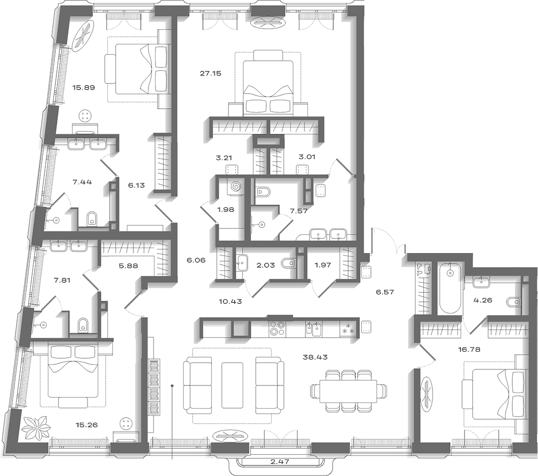 Планировка 5Е-к.кв 201.34 м² в ЖК «Дом Соболева», корпус 1