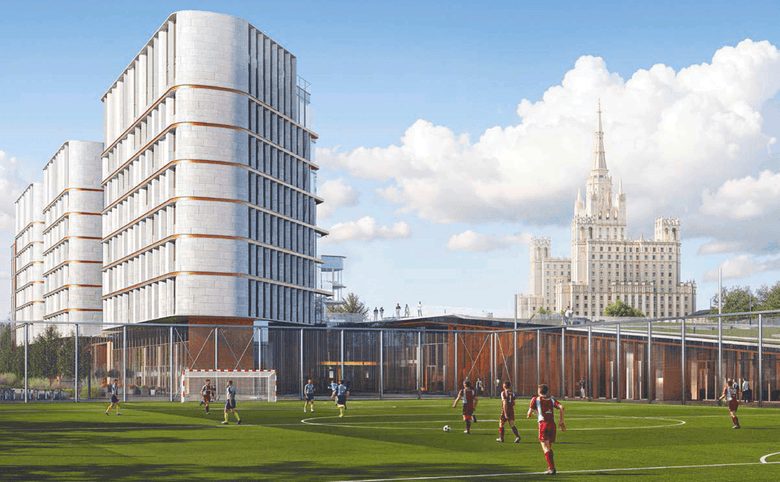 Дом Спорта — Крупный план фасада: витражное остекление, белый камень и бр