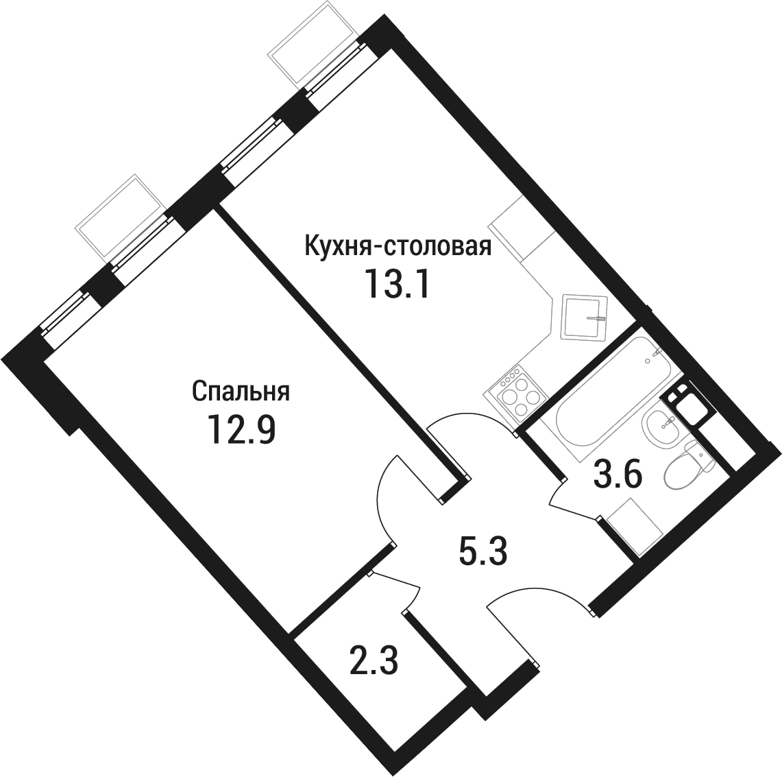 Планировка однокомнатная 37.2 м² в ЖК «Дом в Малаховке», корпус 1