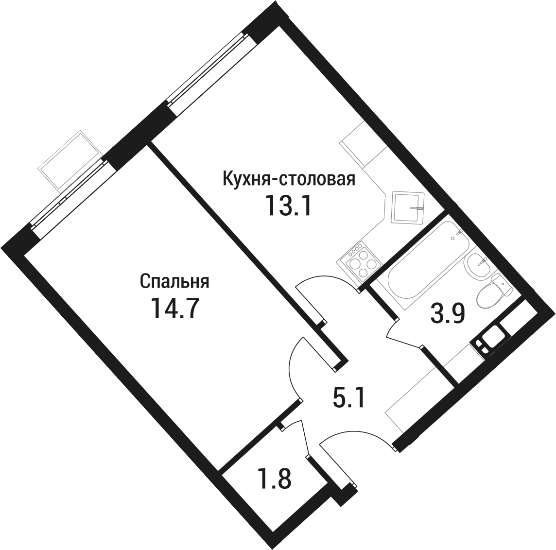 Планировка однокомнатная 38.6 м² в ЖК «Дом в Малаховке», корпус 1