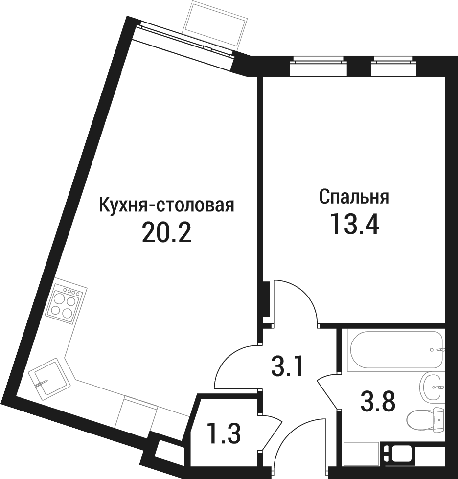 Планировка евродвушка (2Е) 41.8 м² в ЖК «Дом в Малаховке», корпус 1