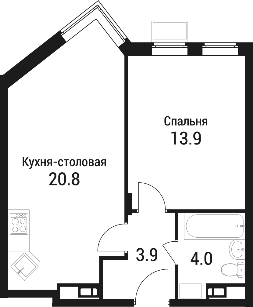 Планировка евродвушка (2Е) 42.6 м² в ЖК «Дом в Малаховке», корпус 1