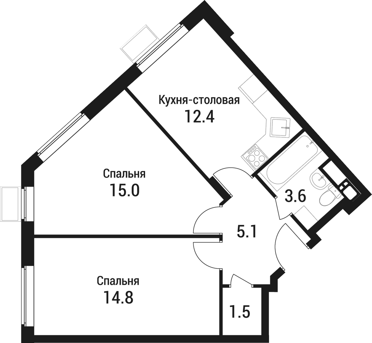 Планировка двухкомнатная 52.4 м² в ЖК «Дом в Малаховке», корпус 1