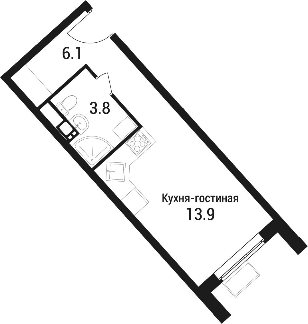 Планировка Студии 23.8 м² в ЖК «Дом в Малаховке», корпус 1