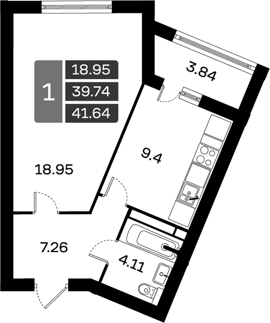 Планировка однокомнатная 41.64 м² в ЖК «Домодедово Парк», корпус 13