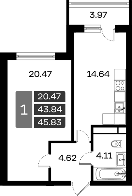 Планировка однокомнатная 45.83 м² в ЖК «Домодедово Парк», корпус 13