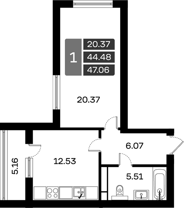Планировка однокомнатная 47.06 м² в ЖК «Домодедово Парк», корпус 13