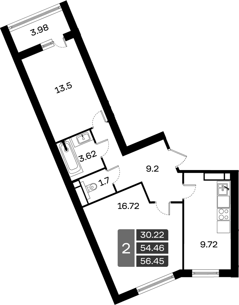 Планировка двухкомнатная 56.45 м² в ЖК «Домодедово Парк», корпус 13