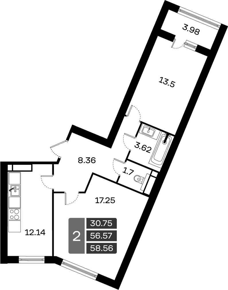 Планировка двухкомнатная 58.56 м² в ЖК «Домодедово Парк», корпус 13