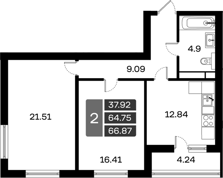 Планировка двухкомнатная 66.87 м² в ЖК «Домодедово Парк», корпус 13