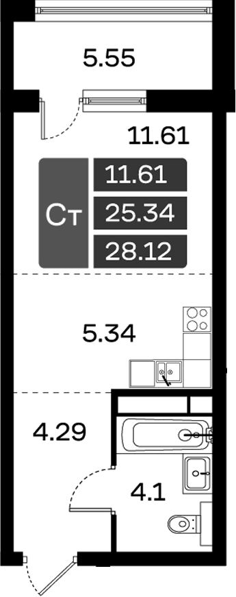 Планировка Студии 28.12 м² в ЖК «Домодедово Парк», корпус 14