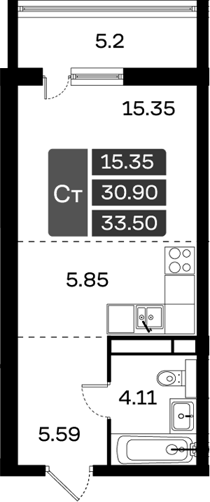 Планировка Студии 33.5 м² в ЖК «Домодедово Парк», корпус 13