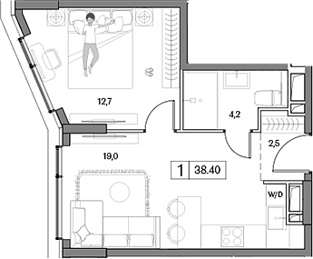 Планировка евродвушка (2Е) 38.4 м² в ЖК «Дрим Рива», корпус Ариа