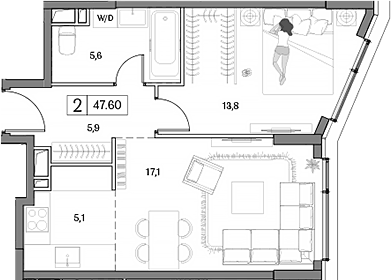 Планировка евродвушка (2Е) 47.6 м² в ЖК «Дрим Рива», корпус Аква