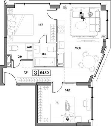 Планировка евротрёшка (3Е) 64.5 м² в ЖК «Дрим Рива», корпус Аква