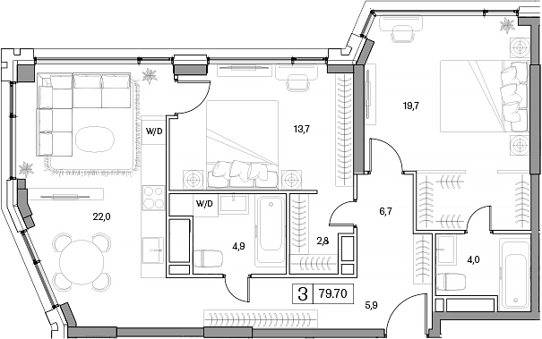 Планировка евротрёшка (3Е) 79.7 м² в ЖК «Дрим Рива», корпус Ариа