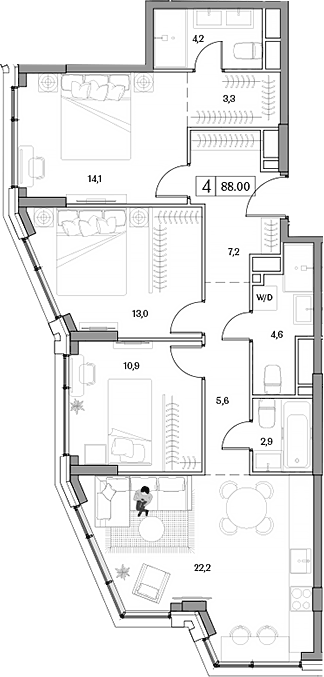 Планировка евро-4 (4Е) 87 м² в ЖК «Дрим Рива», корпус Аква