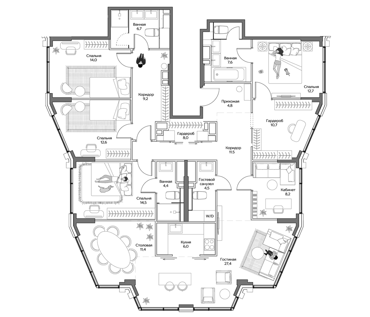 Планировка пятикомнатная 172.6 м² в ЖК «Дрим Рива», корпус Аква