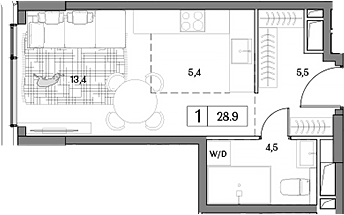 Планировка Студии 28.9 м² в ЖК «Дрим Рива», корпус Аква