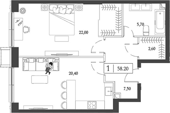 Планировка евродвушка (2Е) 58.2 м² в ЖК «Dream Towers», корпус 1