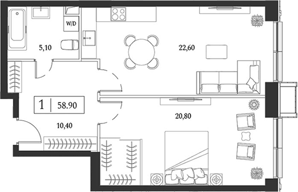 Планировка евродвушка (2Е) 58.9 м² в ЖК «Dream Towers», корпус 2