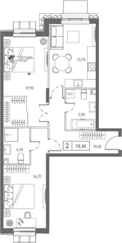 Планировка двухкомнатная 73.1 м² в ЖК «Dream Towers», корпус 3
