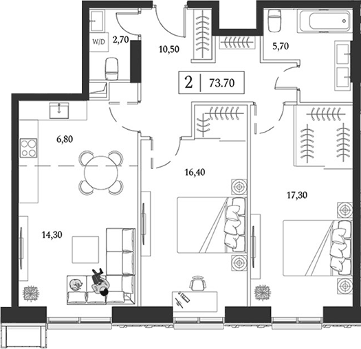Планировка евротрёшка (3Е) 73.6 м² в ЖК «Dream Towers», корпус 1