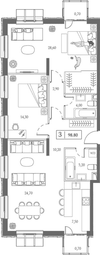 Планировка евротрёшка (3Е) 98.8 м² в ЖК «Dream Towers», корпус 3