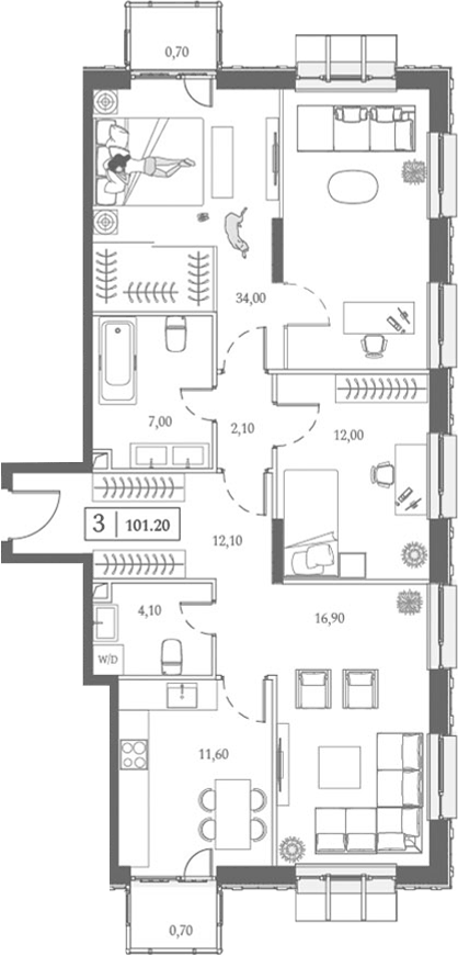 Планировка трёхкомнатная 101.2 м² в ЖК «Dream Towers», корпус 3