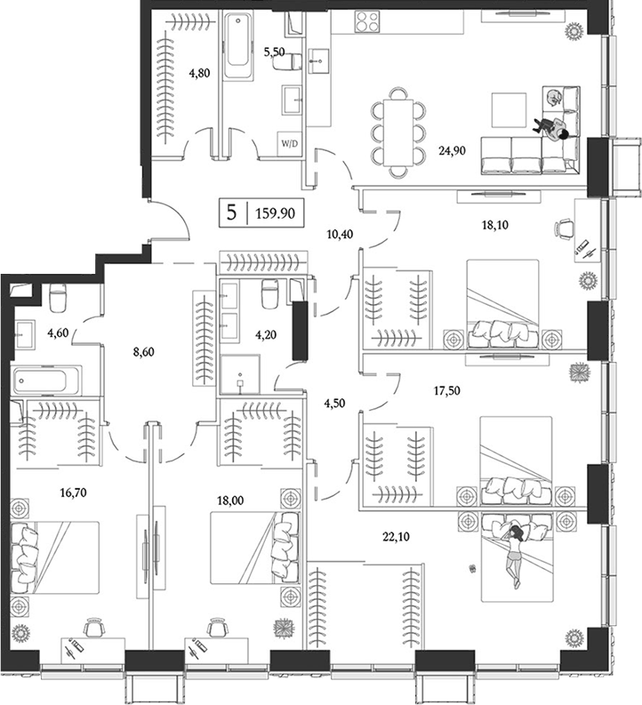 Планировка пятикомнатная 159.9 м² в ЖК «Dream Towers», корпус 1