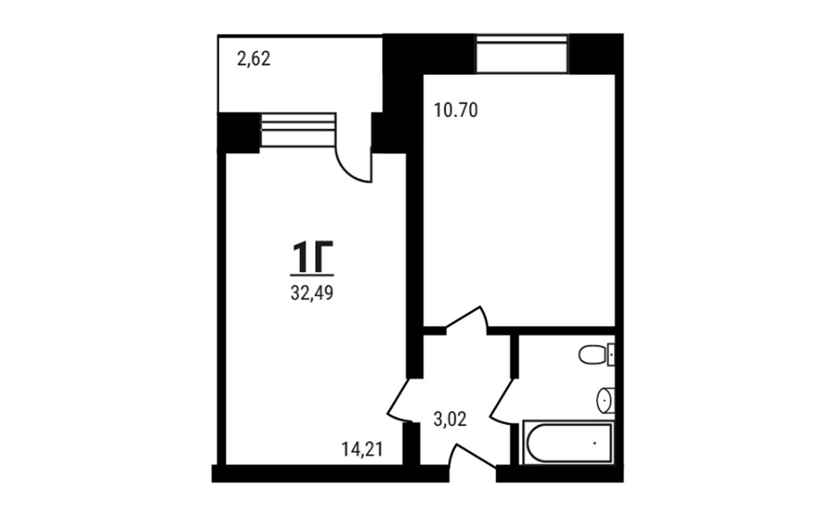 Планировка однокомнатная 32.49 м² в ЖК «Дружный», корпус 4