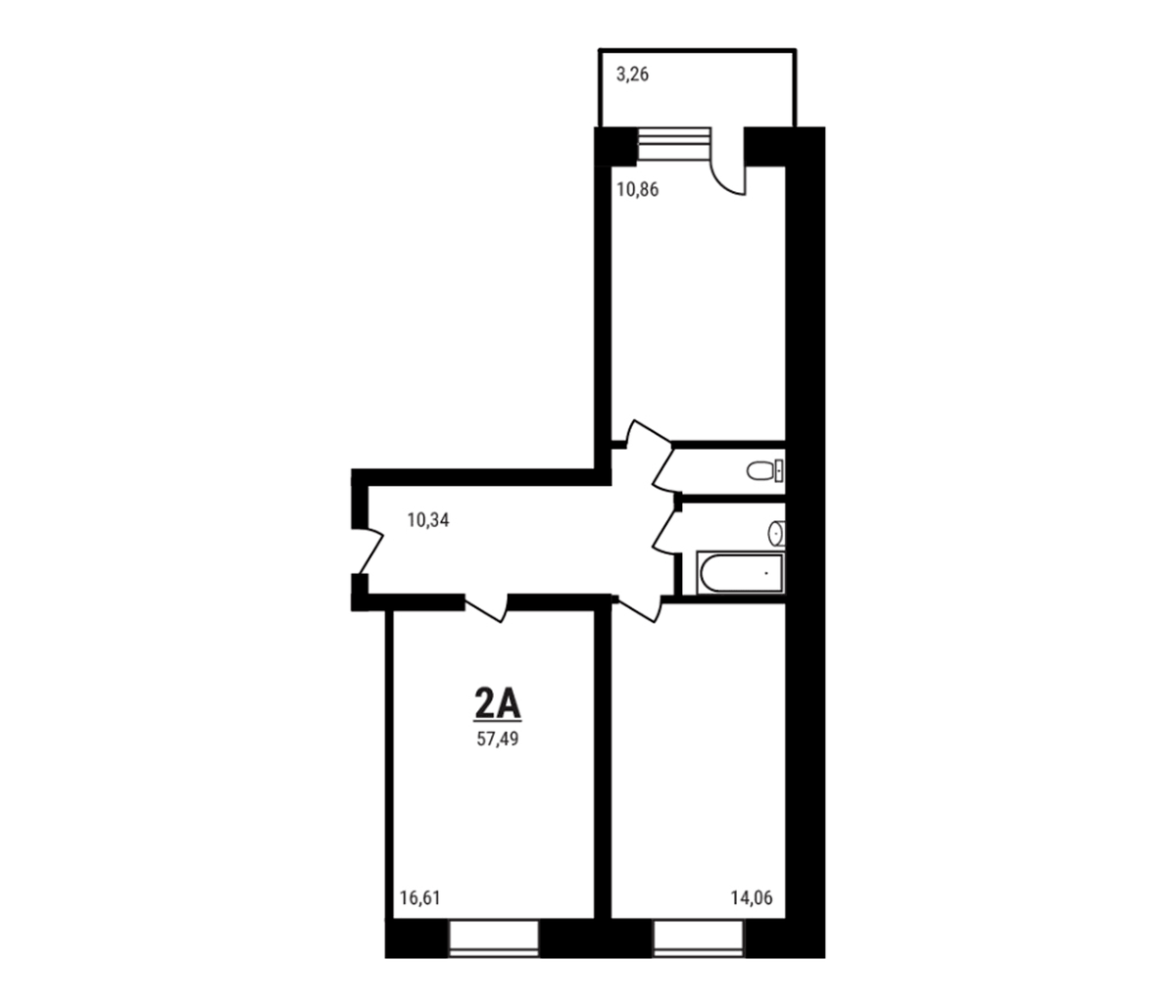 Планировка двухкомнатная 57.49 м² в ЖК «Дружный», корпус 4