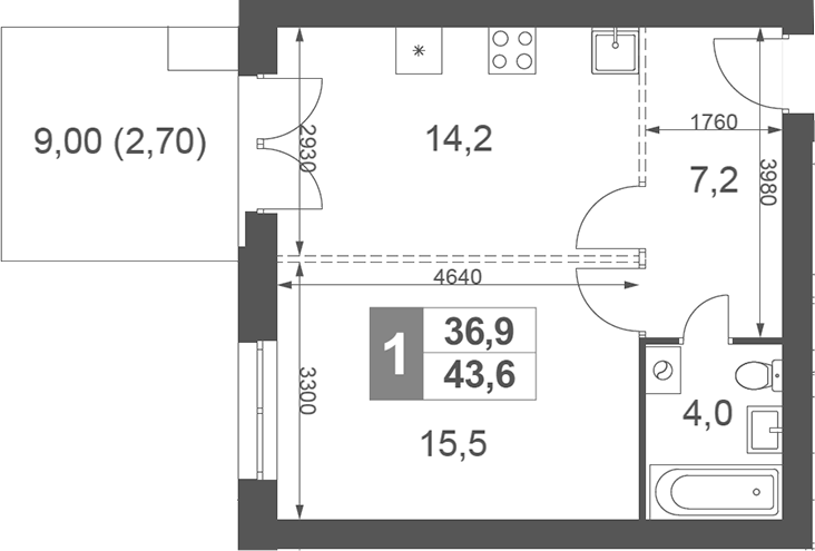 Планировка однокомнатная 43.6 м² в ЖК «Дубровицы Клаб», корпус 1.2