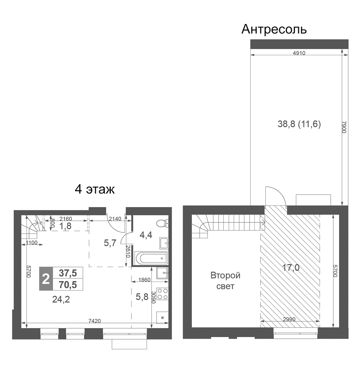 Планировка однокомнатная 70.5 м² в ЖК «Дубровицы Клаб», корпус 1.1