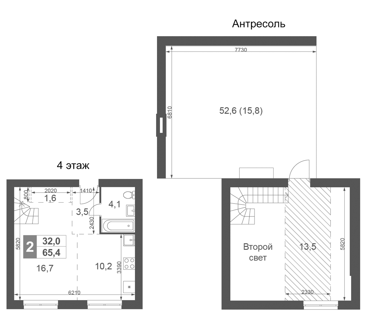 Планировка евродвушка (2Е) 65.4 м² в ЖК «Дубровицы Клаб», корпус 1.1